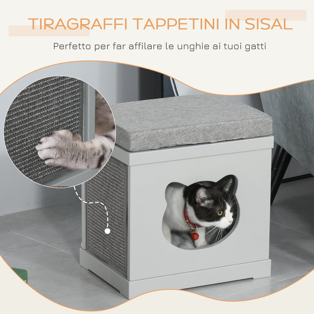 Wooden Cat House with 2 Pillows and Removable Scratching Posts, Grey, 41x30x36cm - Borge' Group Limited