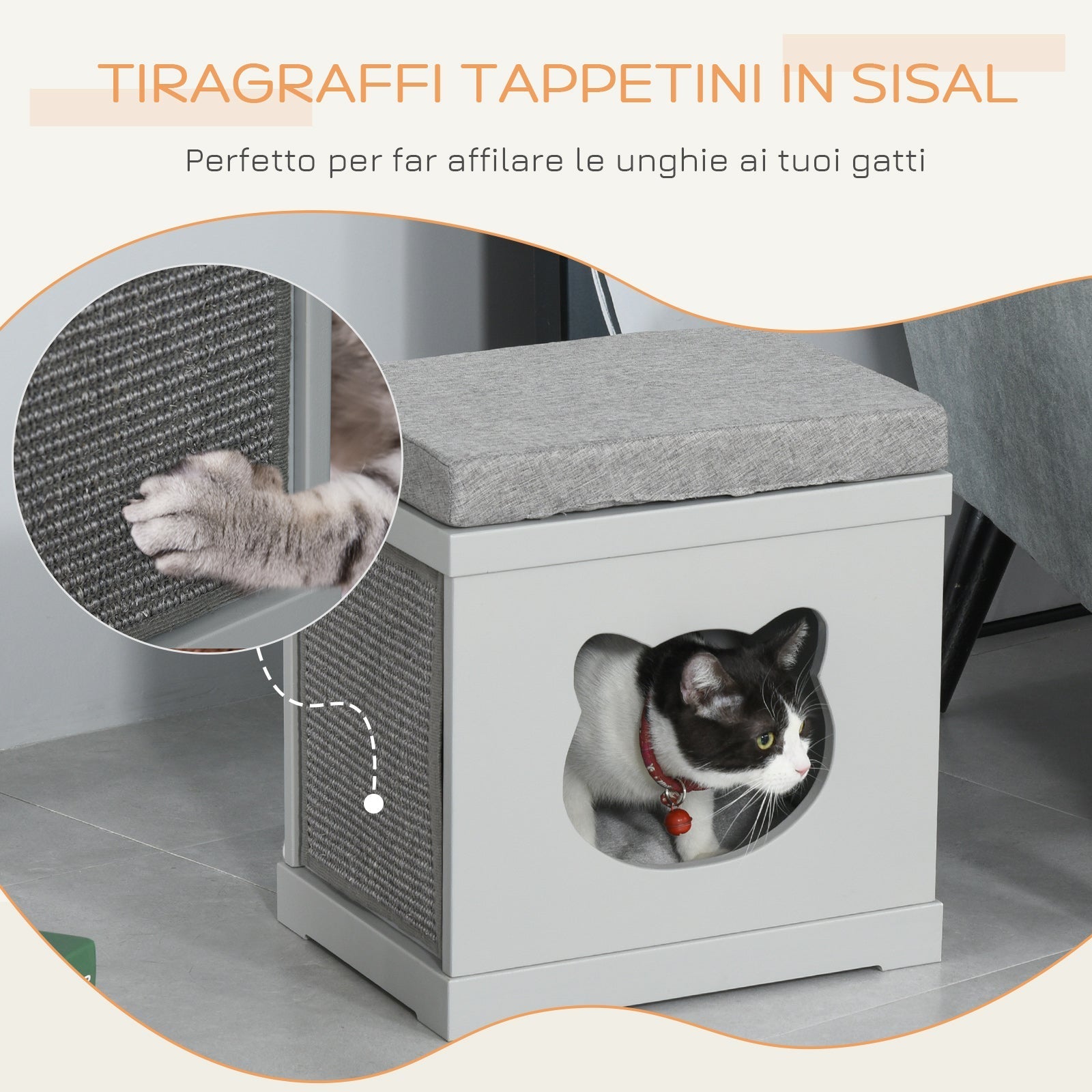 Wooden Cat House with 2 Pillows and Removable Scratching Posts, Grey, 41x30x36cm - Borge' Group Limited
