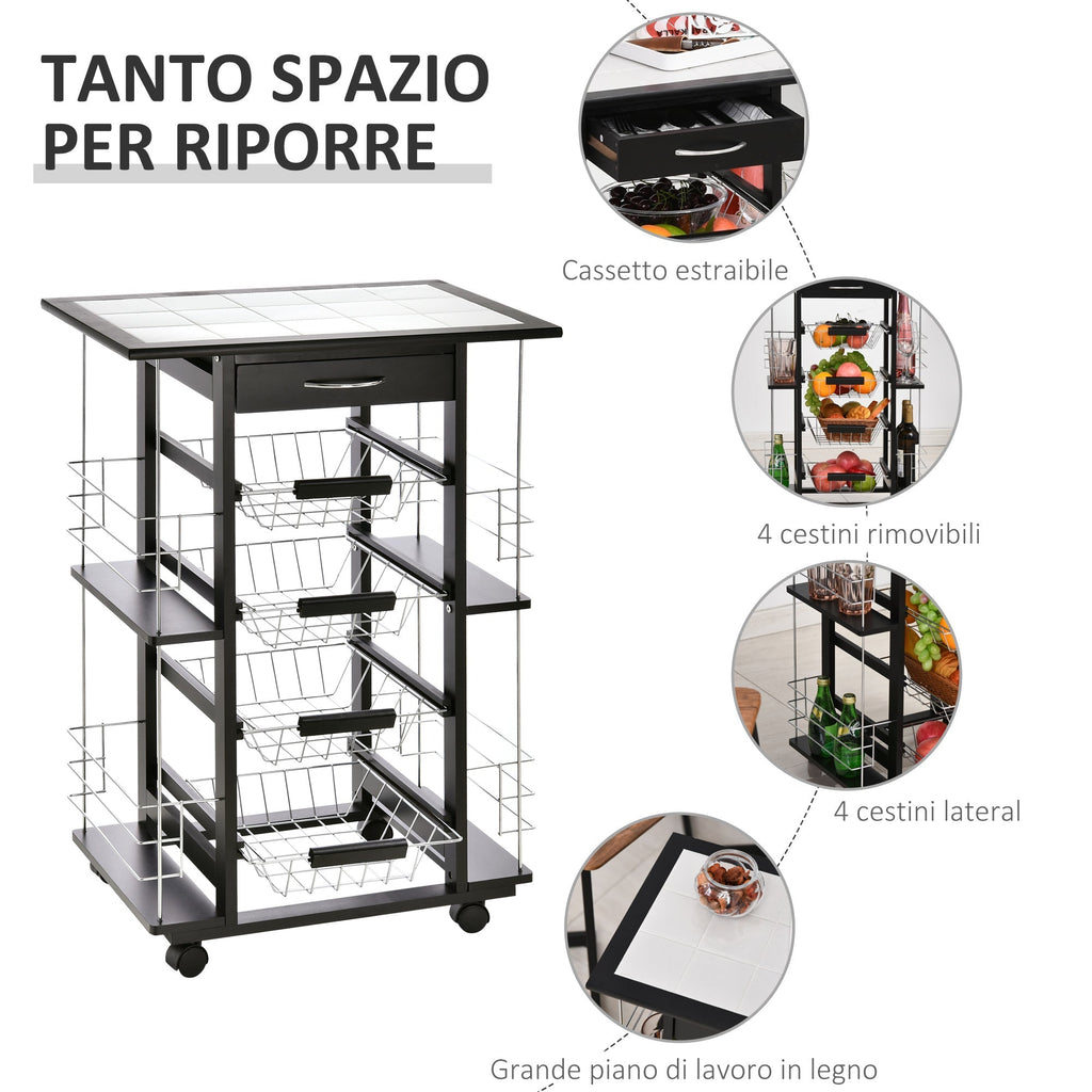 kitchen trolley with 4 removable baskets and 4 black side compartments - Borgè