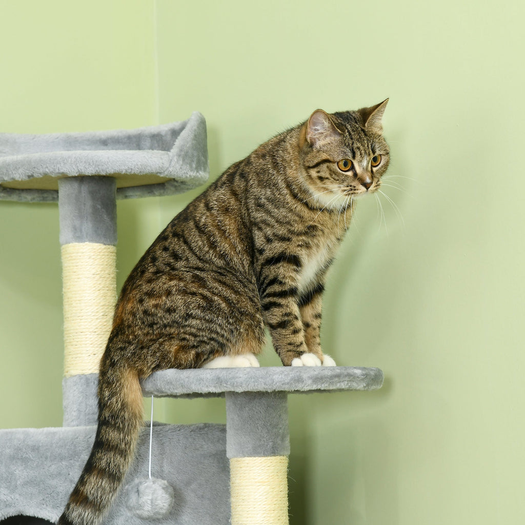Cat Tree for cats with Scratch Pole, with houses and hammocks, 60x60x200cm, light Grey - Borgè