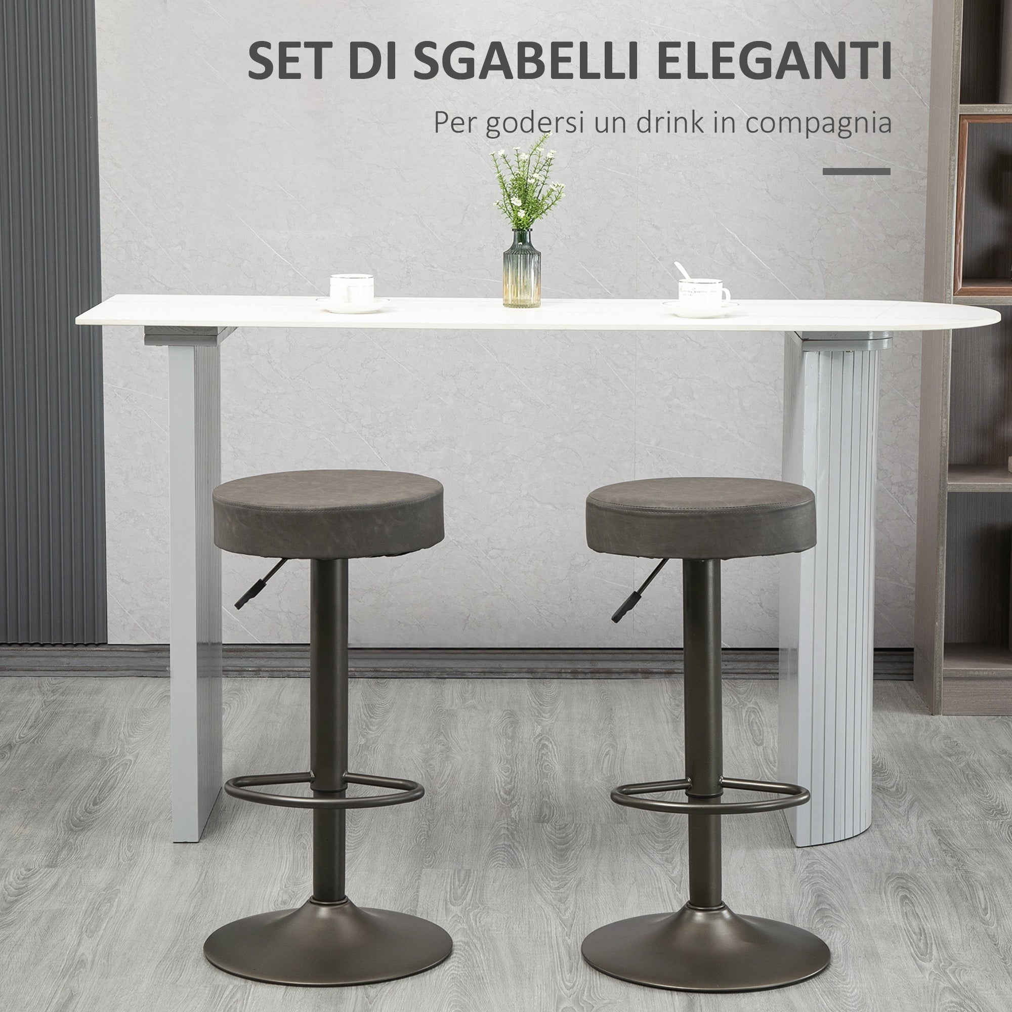 Set 2 swivel bar stools with residential footrests and height, 35x36x64-85cm, Grey - Borgè