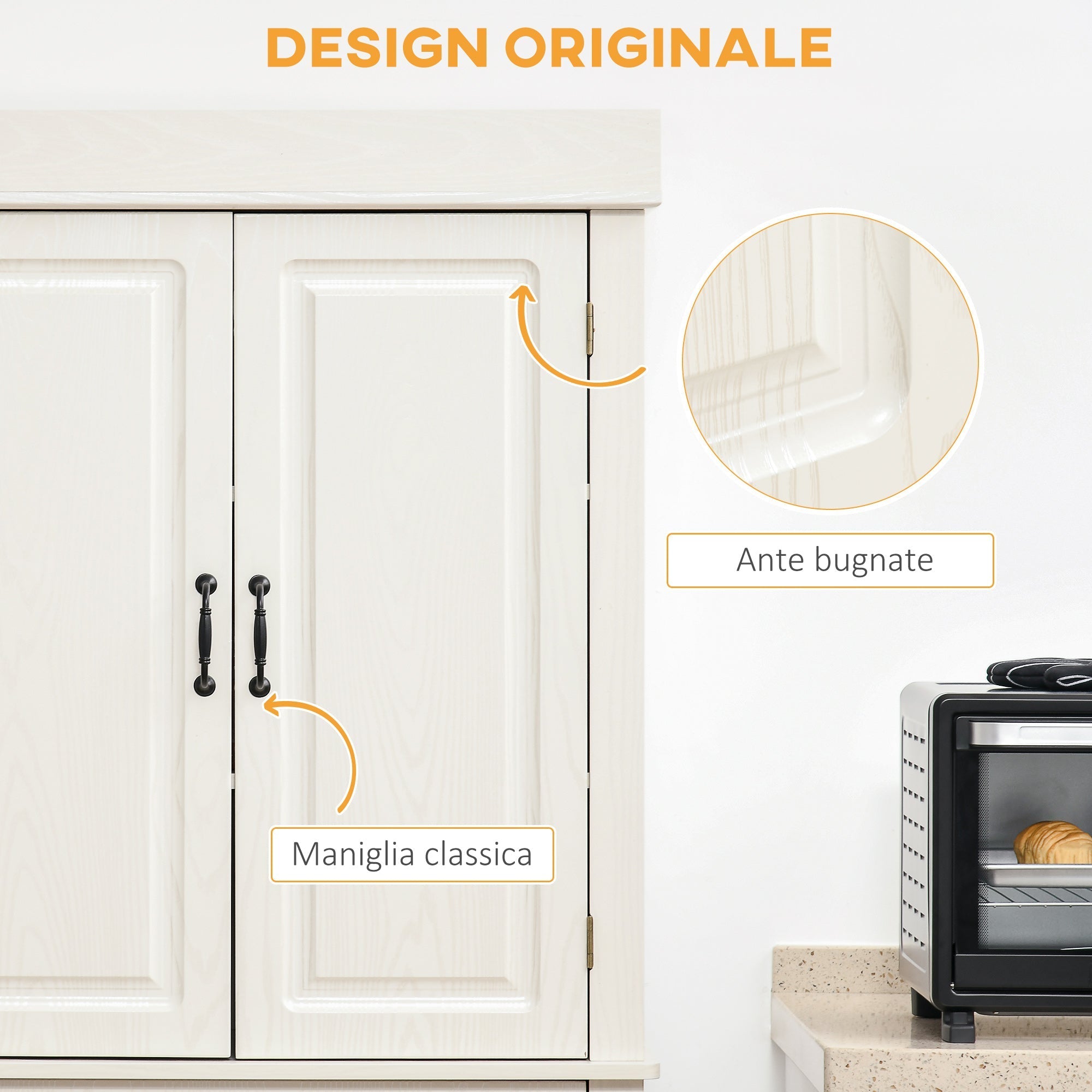 Kitchen Credenza with 2 cabinets and colonial style drawer, 80x35x180 white white - Borgè
