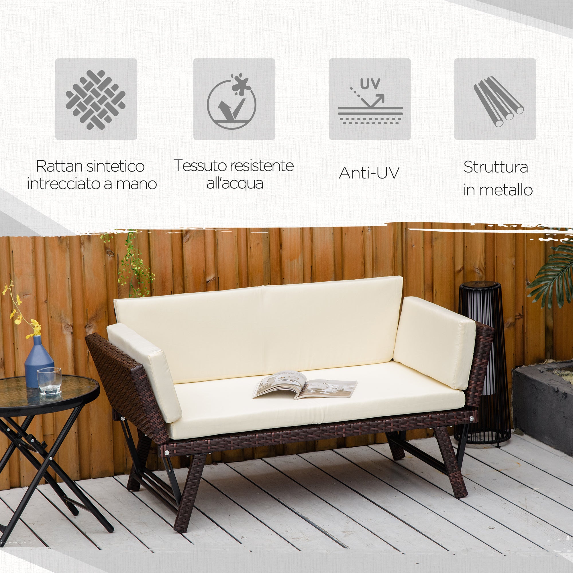2 Seater Sofa with Extendable Armrests for Garden Rattan 129x63x67cm White, Brown - Borge' Group Limited