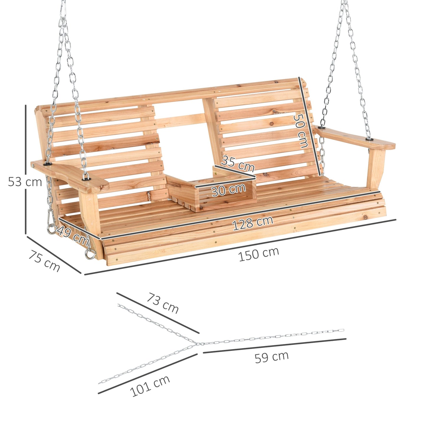 3 -seater suspended rocking outsunny, wooden rocking for garden or terrace with folding coffee table and doorbed - Borgè