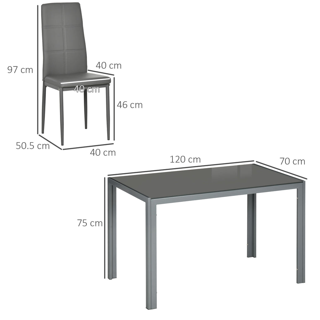 Dining Set 5 pieces with 1 dining table and 4 modern -like chairs, metal and tempered glass, Grey - Borgè
