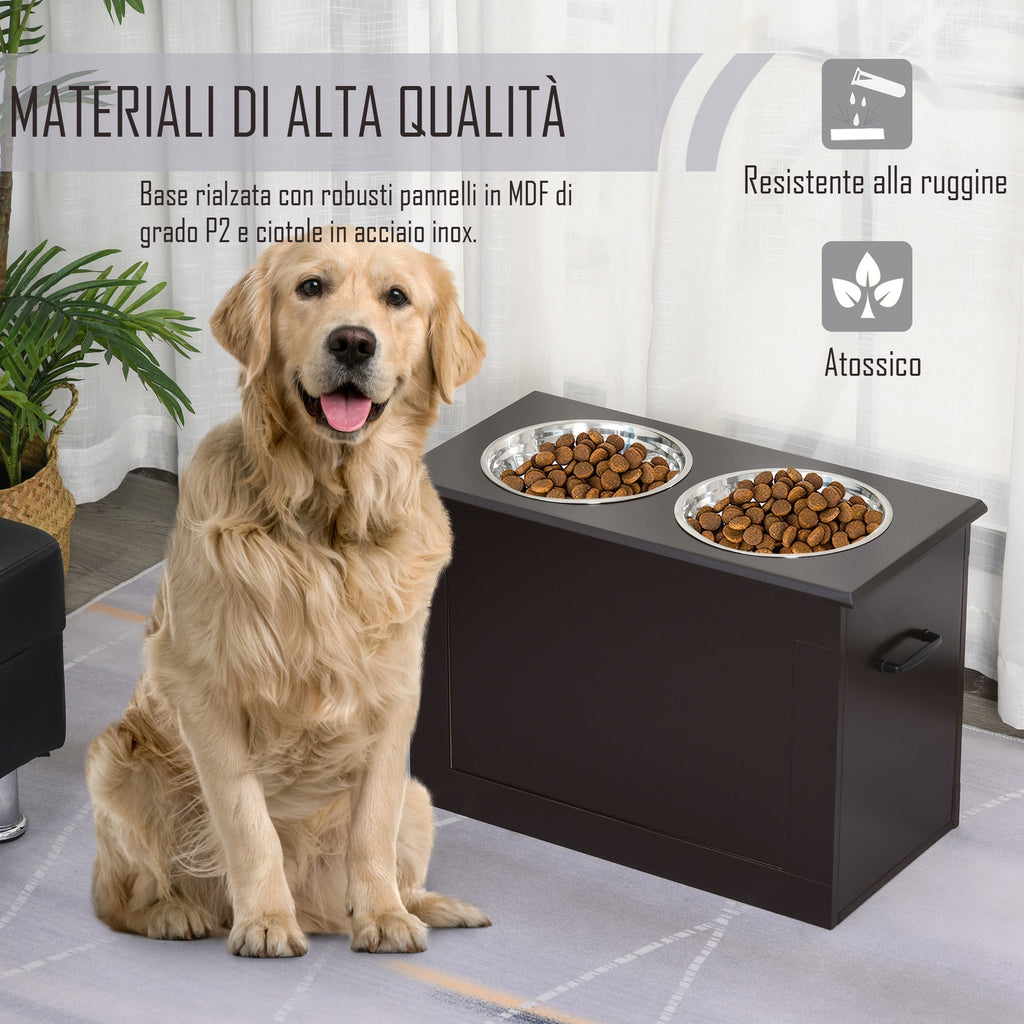 Raised Bowls for Large Dogs, MDF Bowl Stand with 2 Stainless Steel Bowls, 60x30x41 cm, Brown - Borge' Group Limited