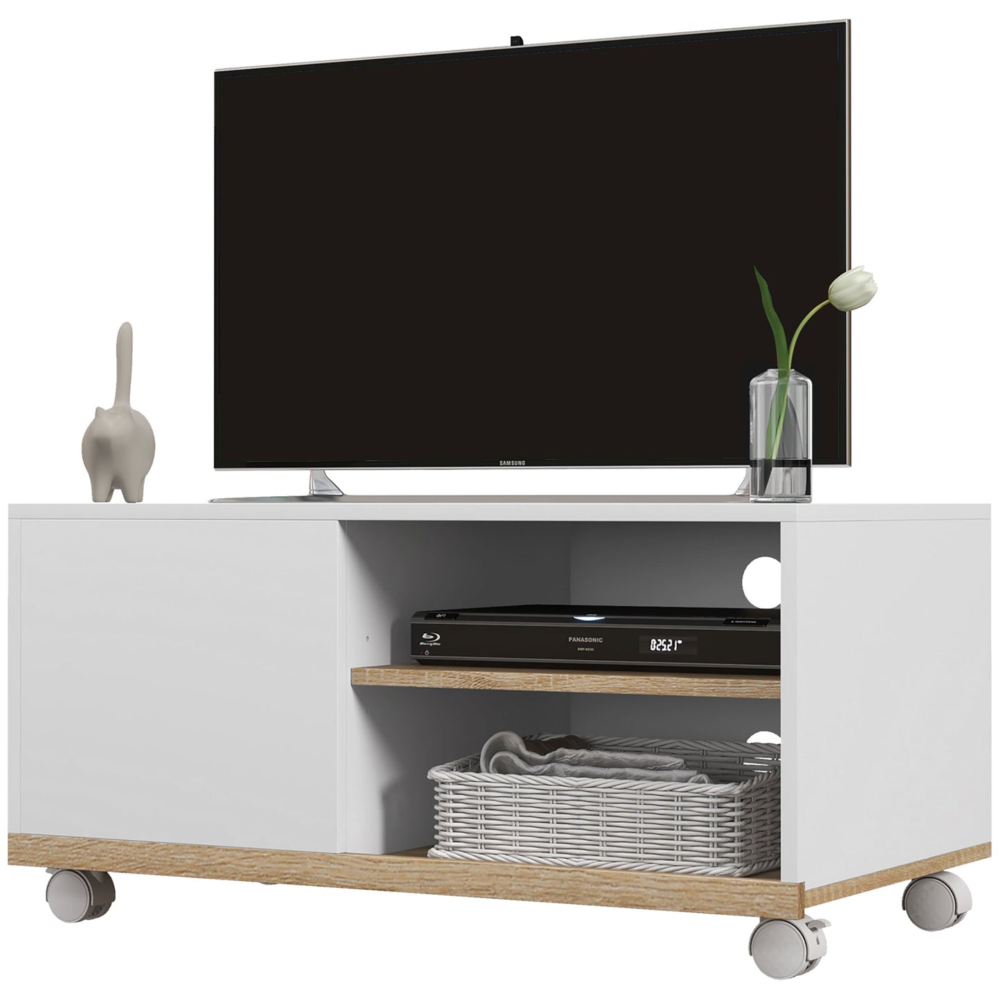 Homcom Mobile Tv 42 "Max with 2 open and door shelves and wheels, in chipboard, 80x45x39.5 cm, white - Borgè