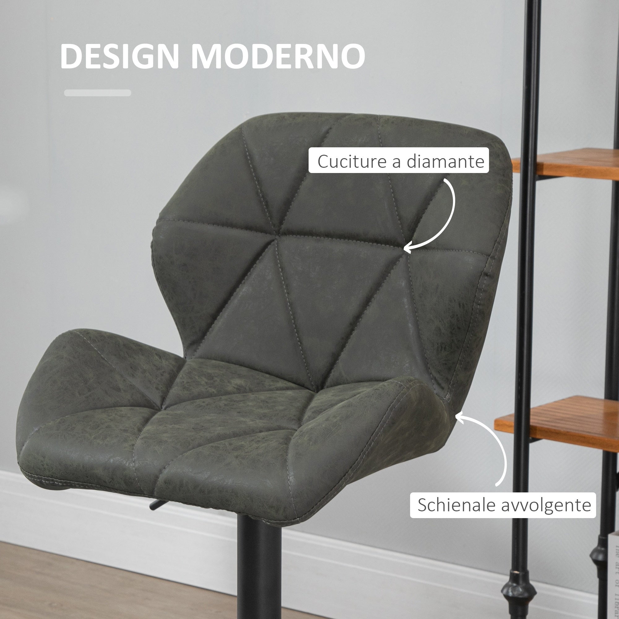 Set 2 swivel bar stools with adjustable height, similar coating and round base - military green - Borgè