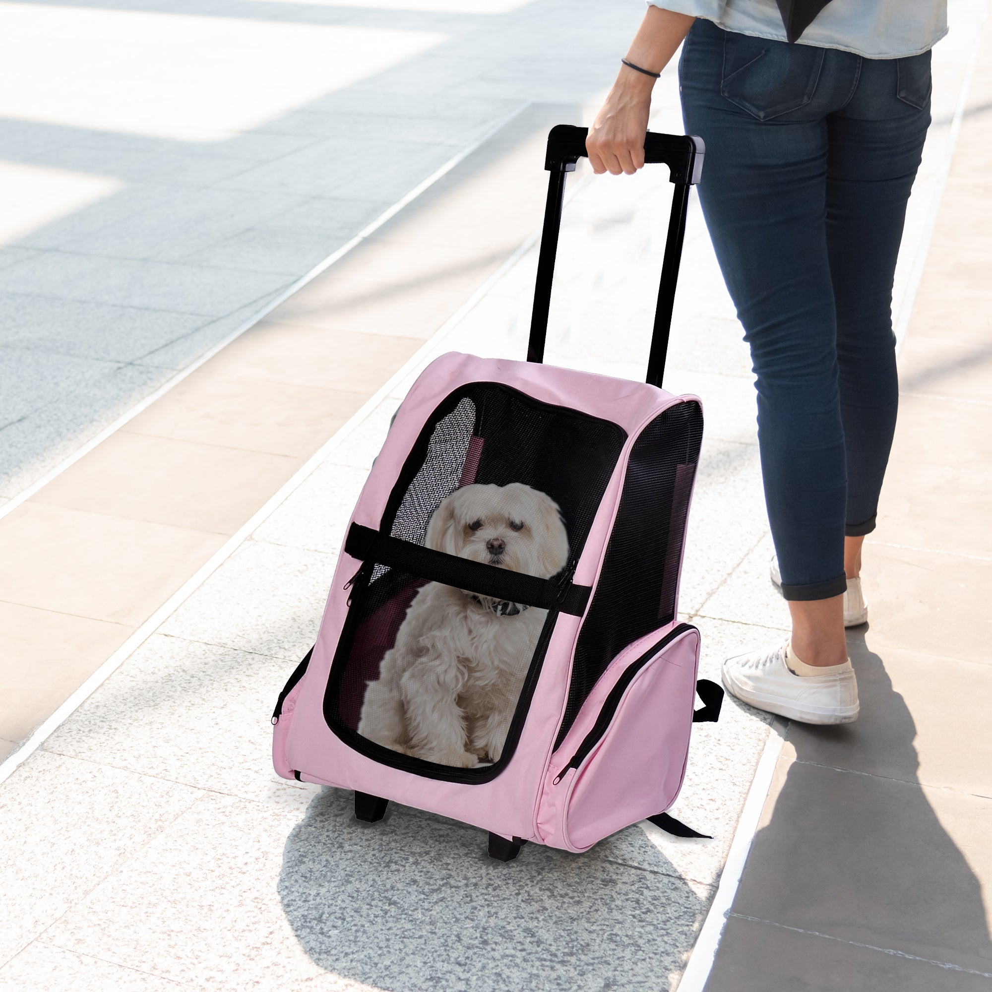 2 in 1 Dog and Cat Carrier Backpack with Side Pockets, Telescopic Handle and Wheels, 42x25x55cm, Pink - Borge' Group Limited