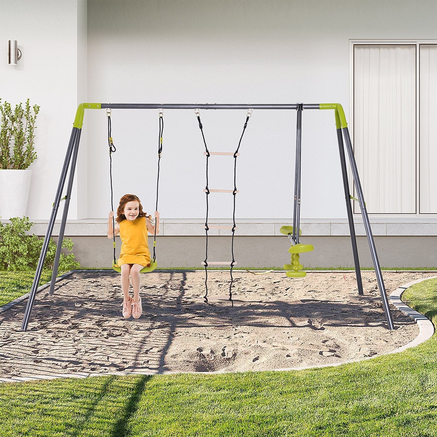 children's playground with Cavalluccio swing and scaletta in resistant metal structure, green - Borgè