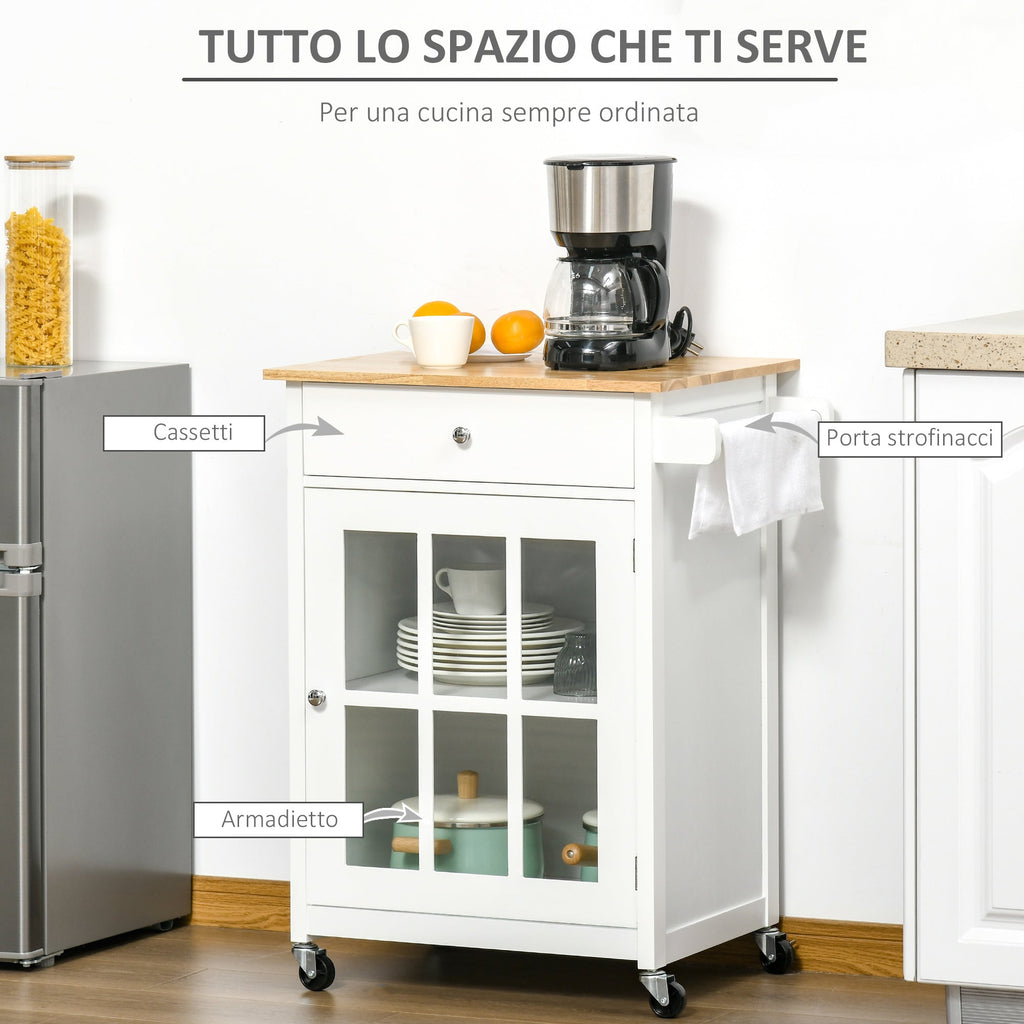 Multiuse saving kitchen cart with drawer, locker and 4 wheels, in white wood, 67x48x86.5cm - white - Borgè