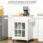 Multiuse saving kitchen cart with drawer, locker and 4 wheels, in white wood, 67x48x86.5cm - white - Borgè