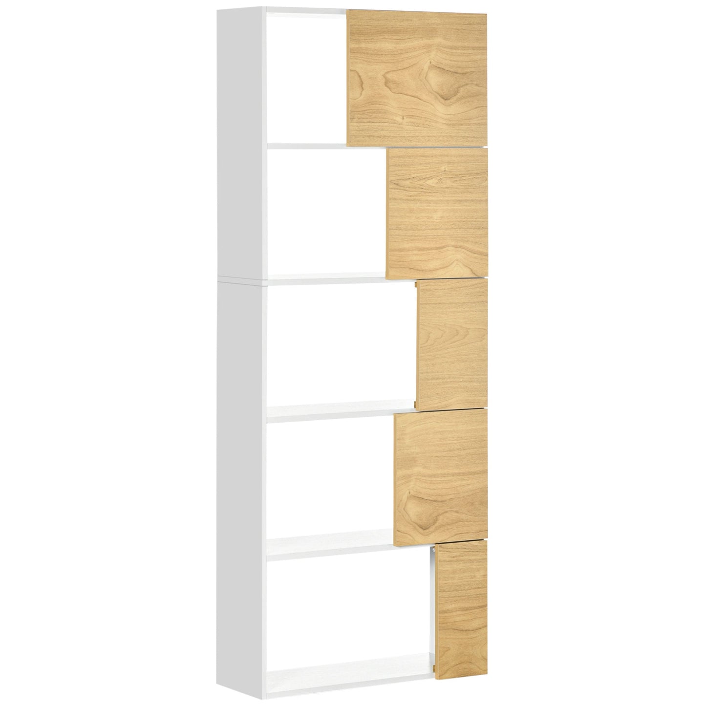 Homonda Modern Library with asymmetrical shelves and soft close doors, 63x22x166cm, white and natural