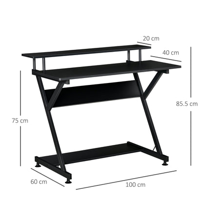 Table PC Room Road with raised monitor shelf, wooden office desk, 100x60x85.5cm - Black - Borgè