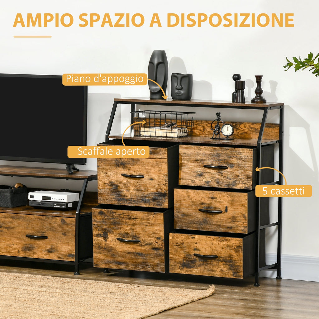 Mobile chest of drawers with 5 drawers in folding fabric industrial style, 83.5x29x87cm, brown - Borgè
