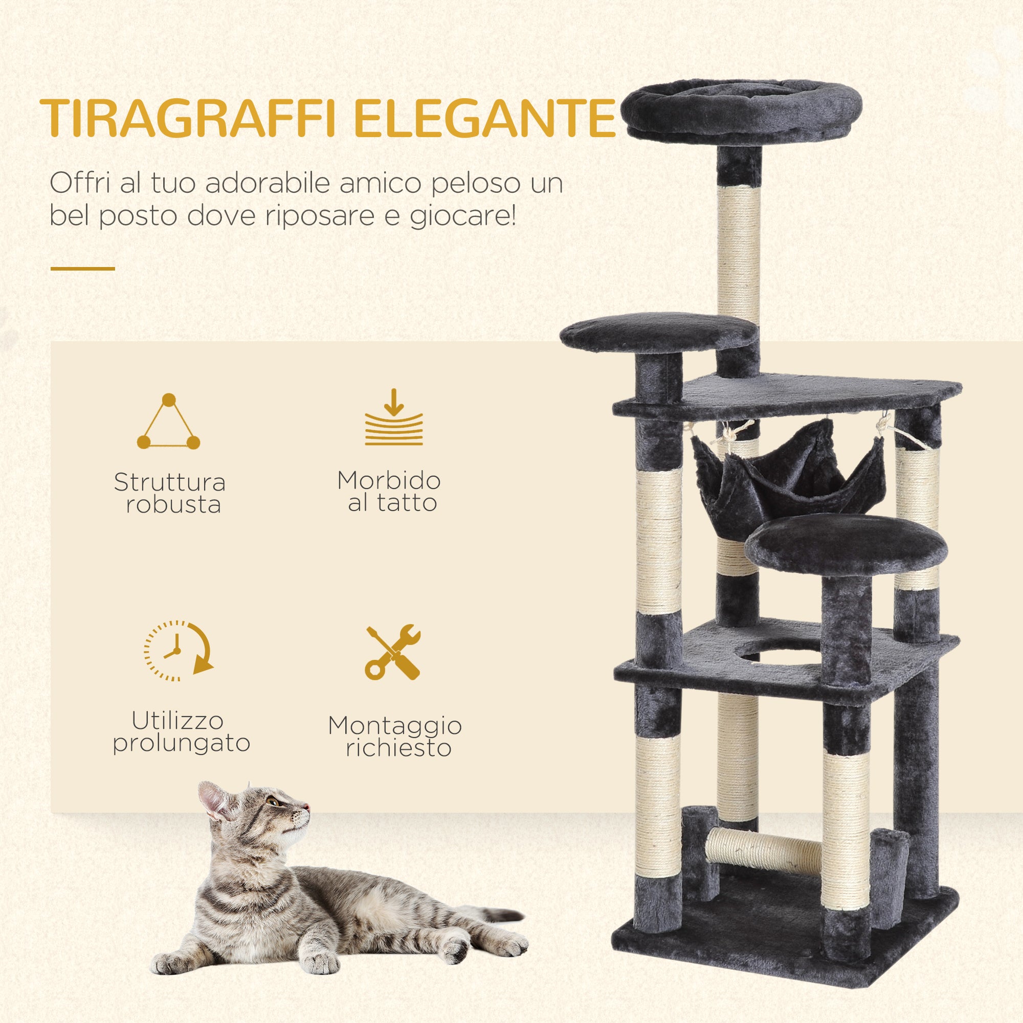 4-Tier Cat Tree with Hammock, Natural Sisal Plush Platforms, 132cm Height, Grey 4.8 (25) - Borge' Group Limited