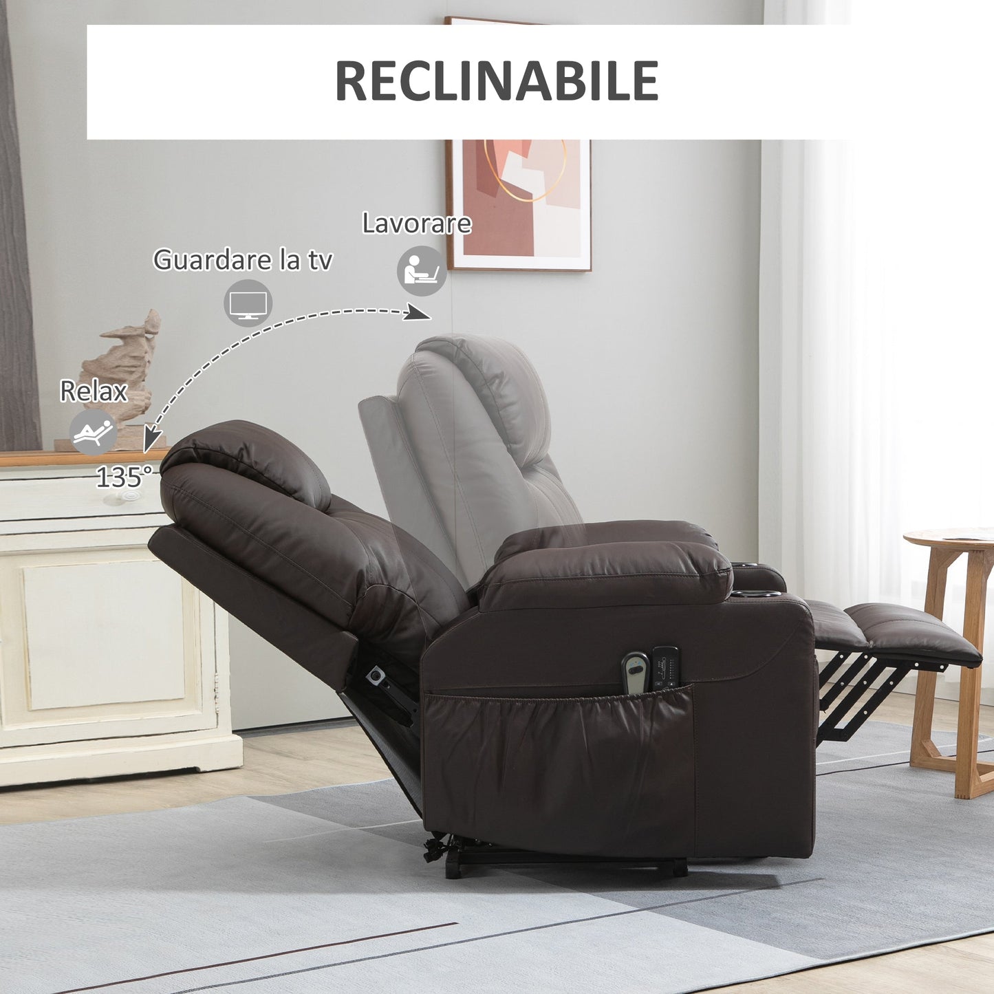 Reclinable Brown Armchair with Lift Assist up to 135 ° with Cup Holders, Remote control and Footrest | 88x92x106 cm - Borgè