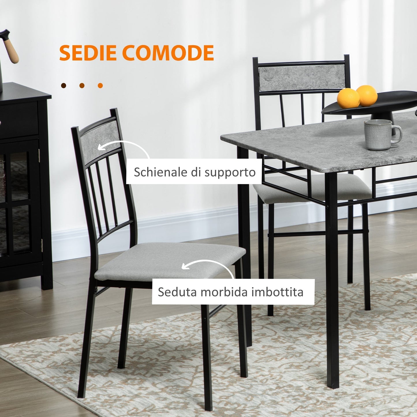 set Table and 5pz chairs, rectangular lunch table in metal and MDF and 4 Grey and black dining chairs - Borgè