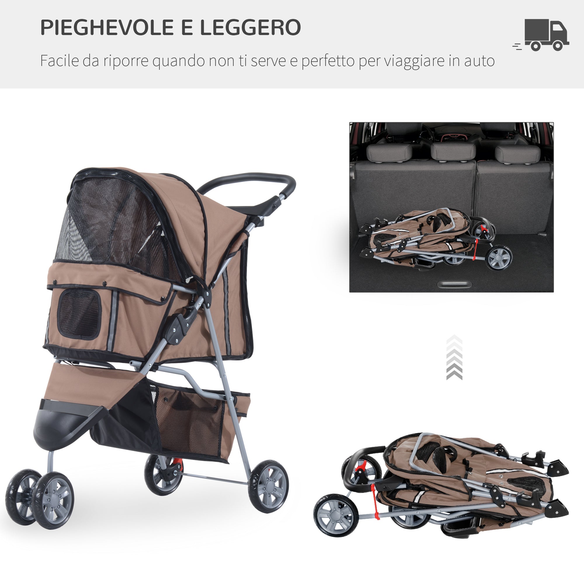 Folding Dog Stroller for Small Dogs, Dog Pushchair with Braked Wheels, Cup Holder, Storage Basket and Removable and Washable Padding, for Pets up to 10 kg, Coffee - Borge' Group Limited