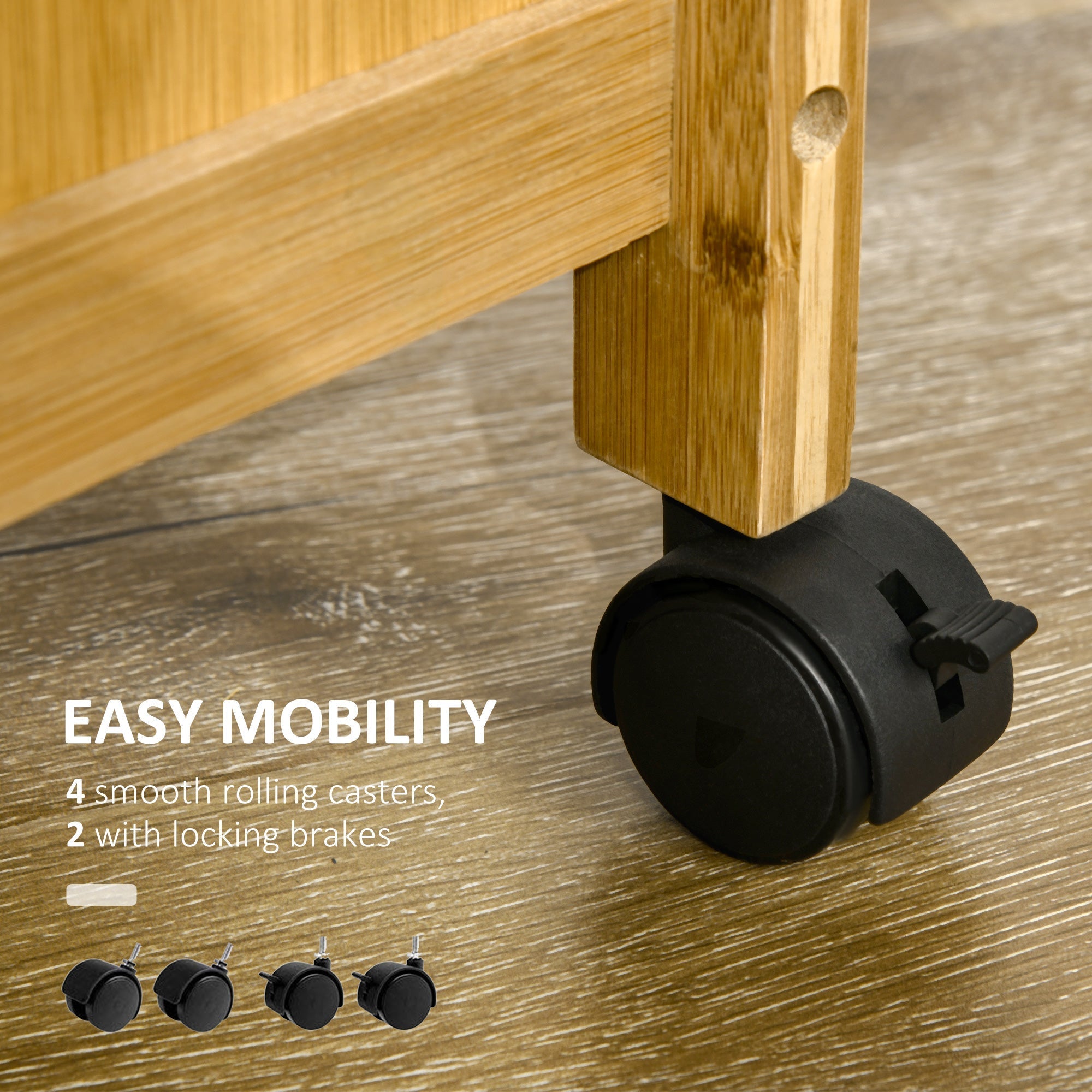 kitchen trolley with drawer, locker and removable wooden basket with swivel wheels, 66x36x79cm - Borgè