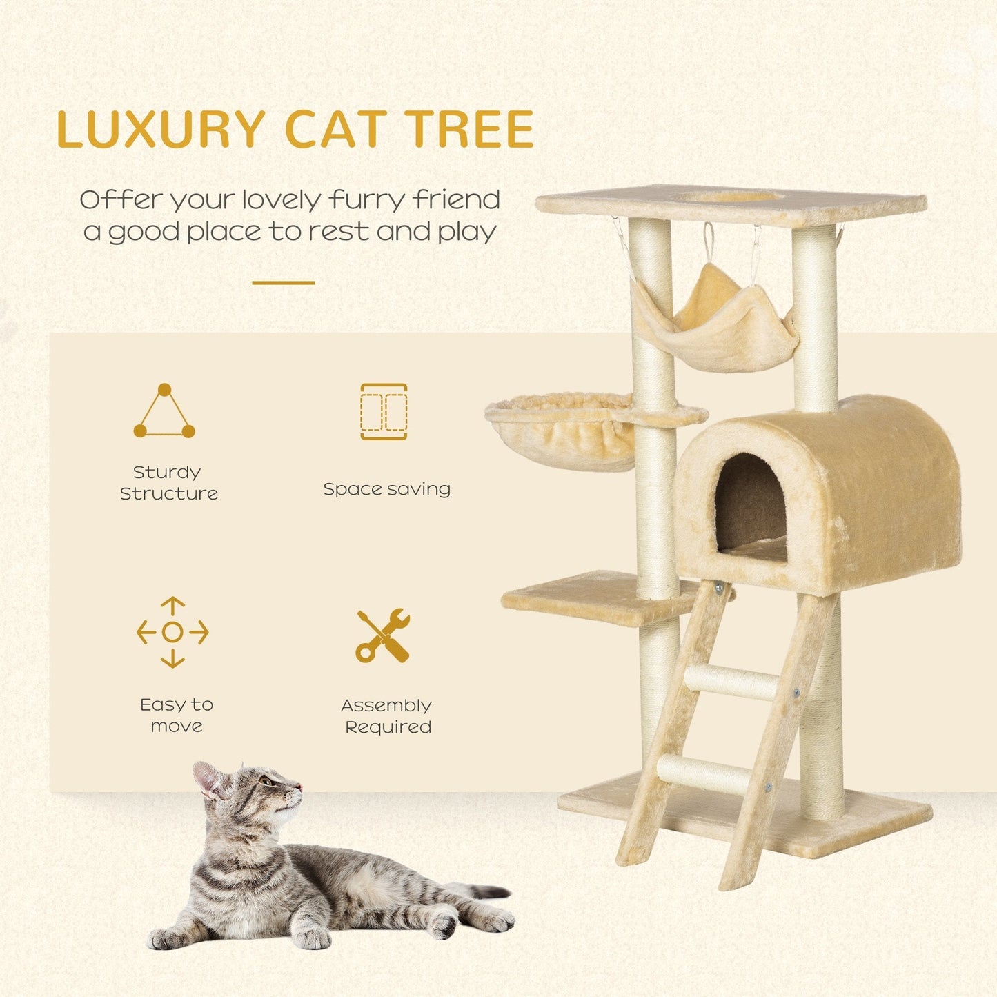 Cat Tree for cats with Scratch Pole , Natural Sisal strings, 55 × 30 × 100cm - Borgè