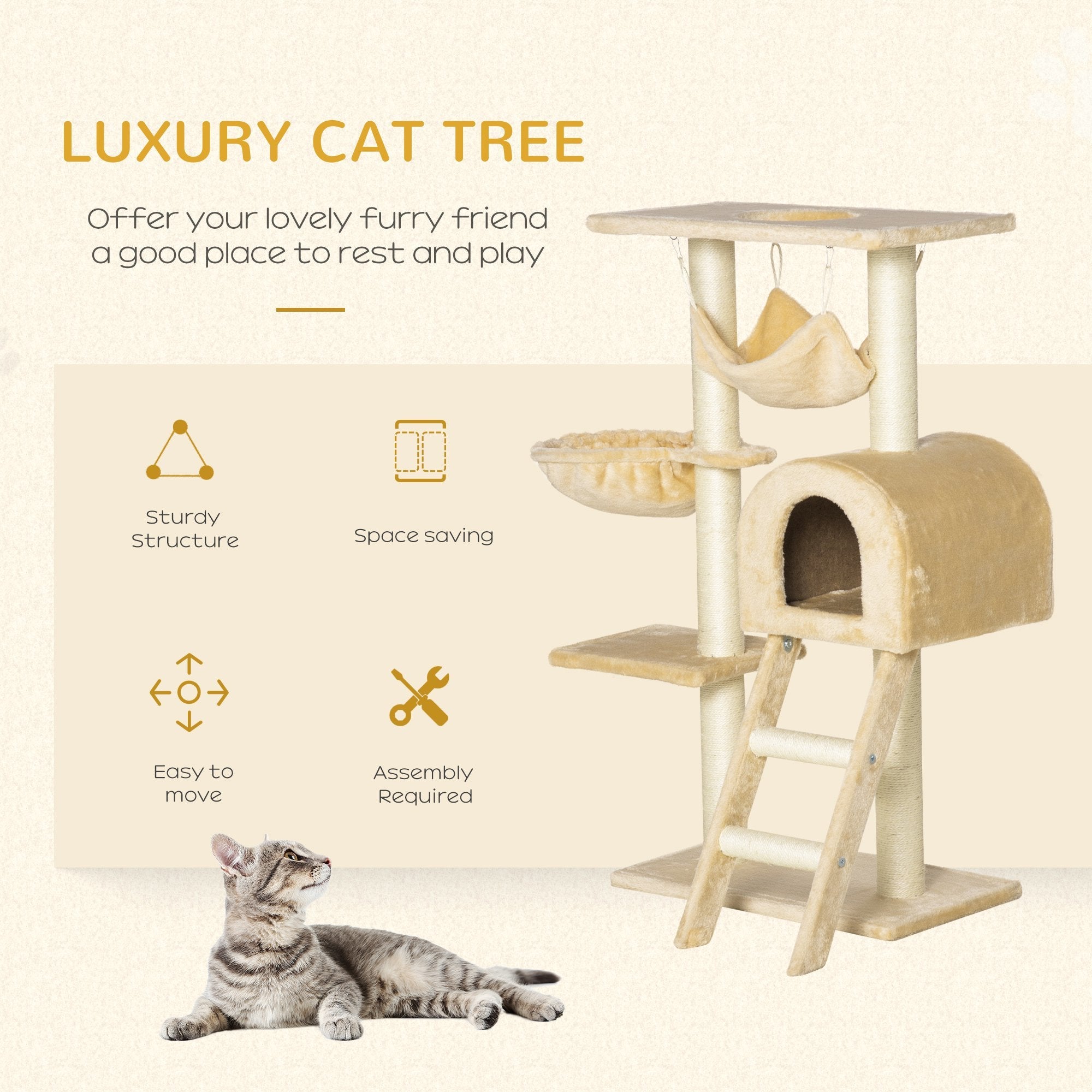 Cat Tree for cats with Scratch Pole , Natural Sisal strings, 55 × 30 × 100cm - Borge' Group Limited