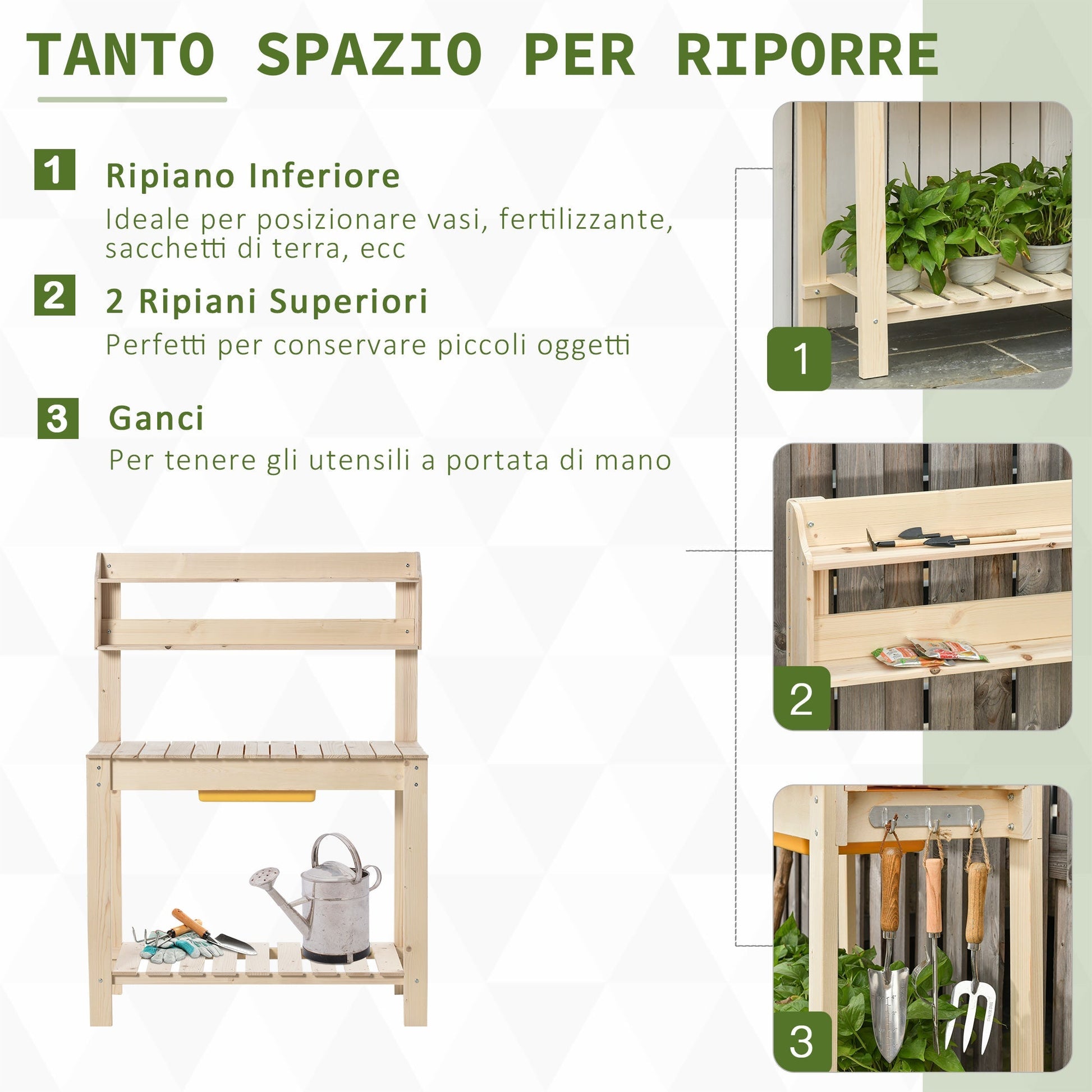 Outsunny work bench for natural wood gardening with integrated tray, shelves and hooks 100x40x140cm - Borgè