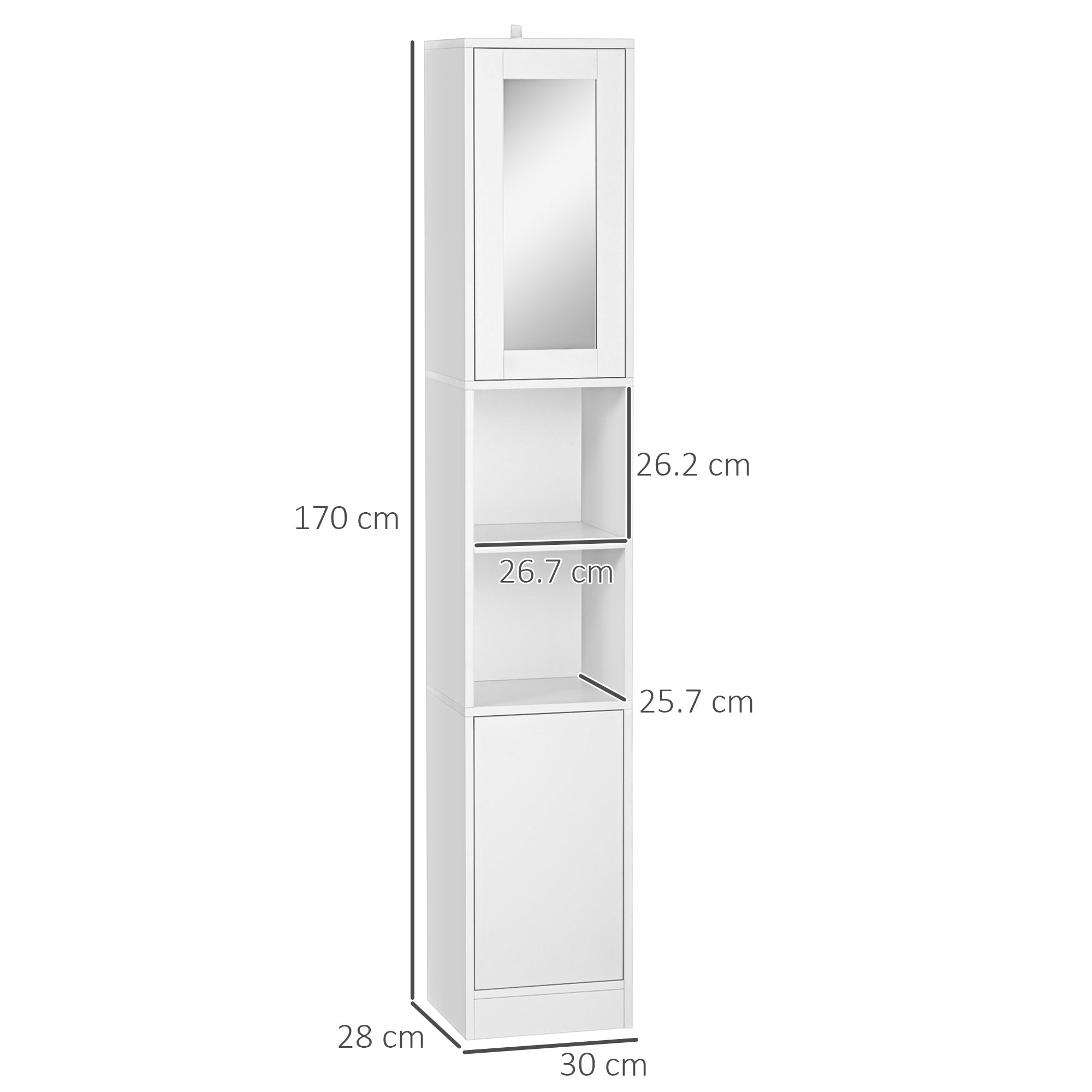 Kleankin Wooden Space Bathroom Column With Mirror and Pressure Opening, 30x28x170cm, White - Borgè