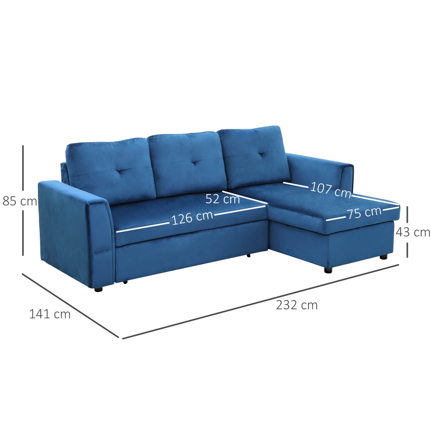 ALEA | 3 Seater Corner sofa bed with velvet effect coating, chaise longue with container, 232x141x85cm - blue - Borgè