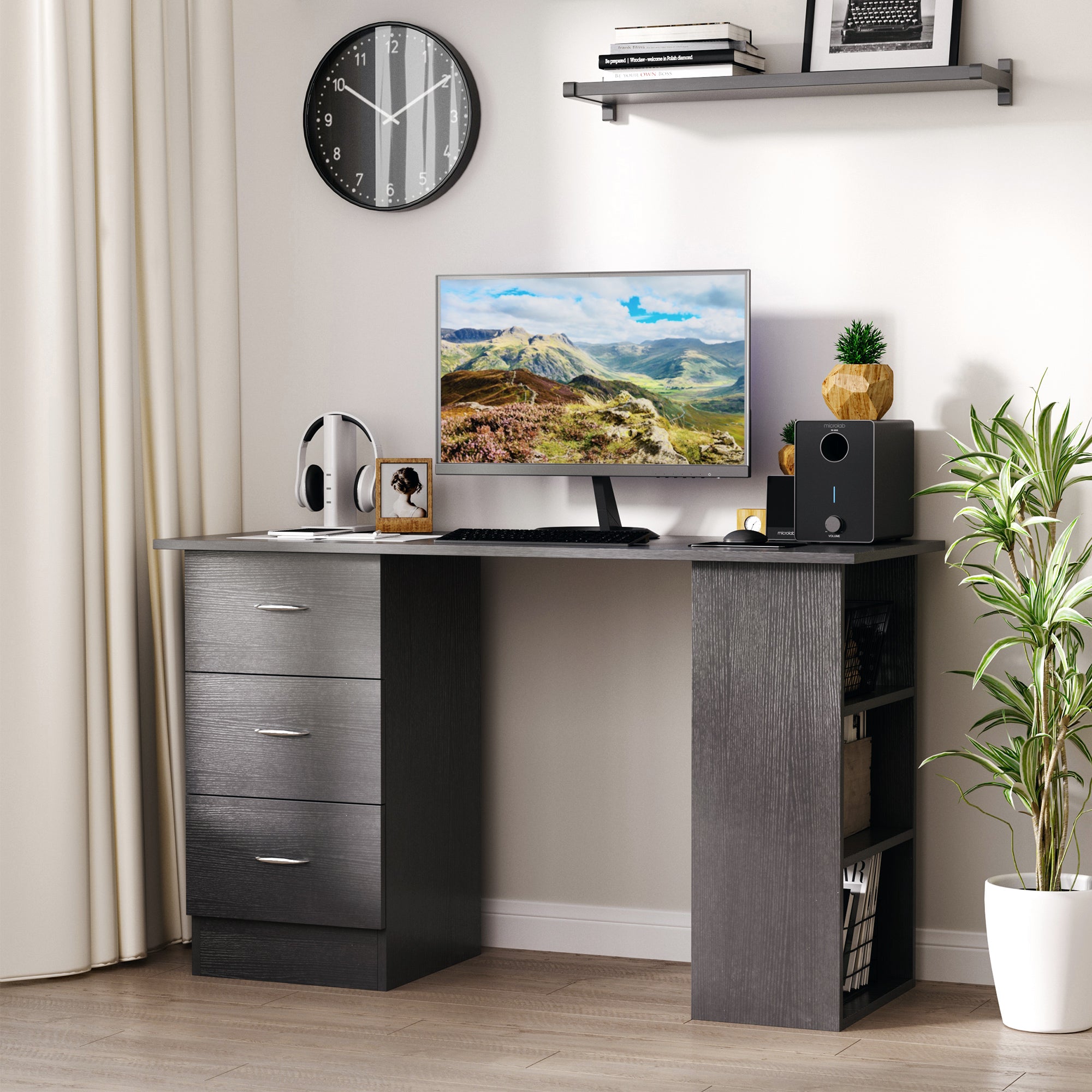 Homcom PC Desk with 3 shelves and 3 drawers per room and office, in MDF wood, 120x49x72 cm, black - Borgè