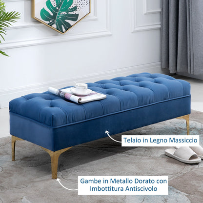 Bench Padda Fondaleto in velvety fabric, bench for bedroom and entrance with quilt decoration, metal feet, blue - Borgè