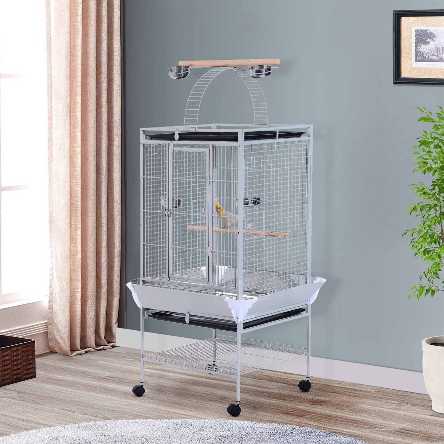 Bird Cage with Wheels Height 161.5cm, Steel Trays and Wooden Perches, Silver - Borgè