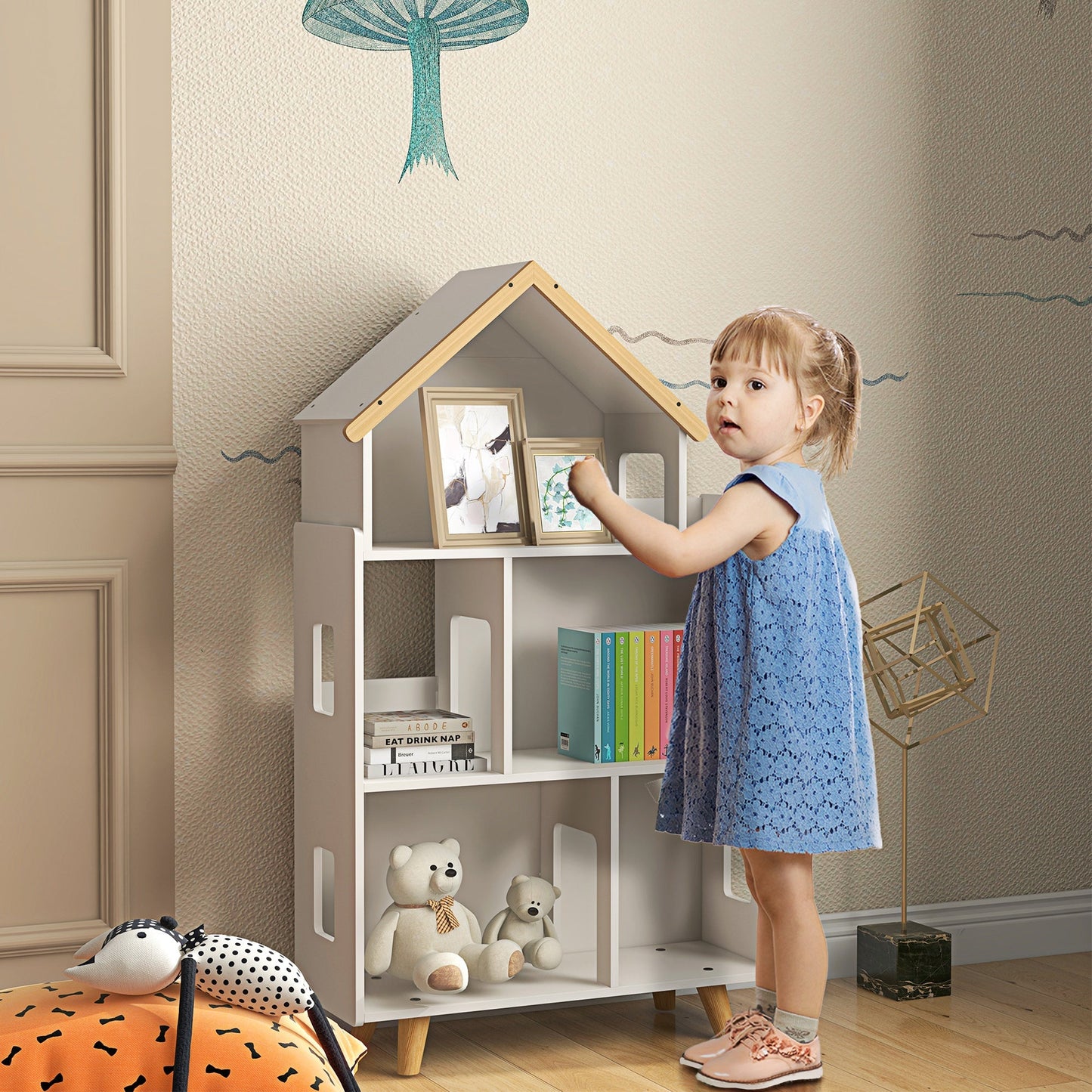 Zonekiz Library for children 3-6 years at 3 levels for books and games, in mdf and pine wood, 65x25x108.5 cm, white - Borgè