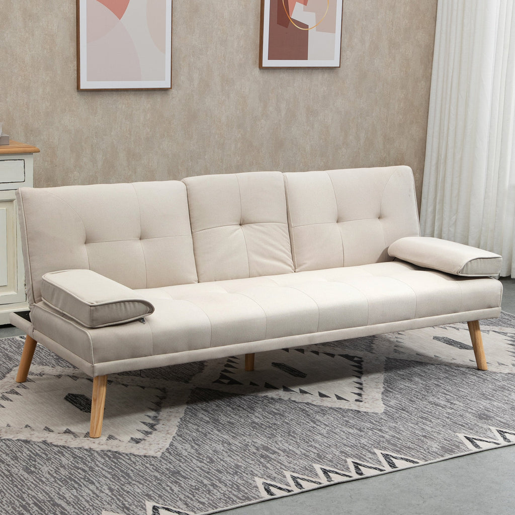 Reclinable 3 -seater sofa bed with linen effect coating and folding table, beige - Borgè