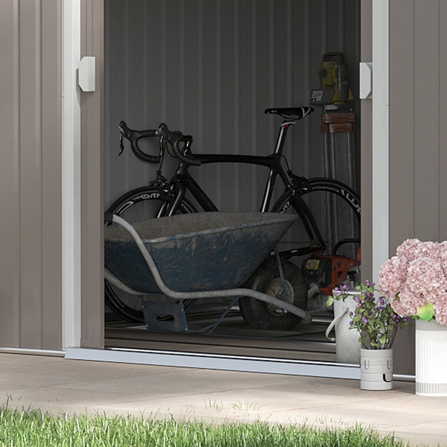 Outsunny garden house with sliding doors and inclined roof, in steel and pp, 340x386x200 cm, gray - Borgè