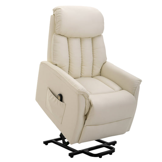 Electric Lift Recliner Chair 145°, Electric Relax Chair in PU Leather with Remote Control, Side Pockets and Integrated Footrest, Cream - Borgè