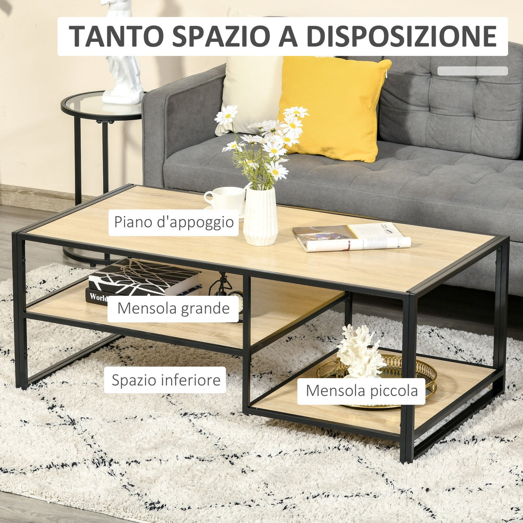Industrial Style Coffee Table with 3 shelves, in MDF and Steel, 120x60x46cm - Wood | - Borgè