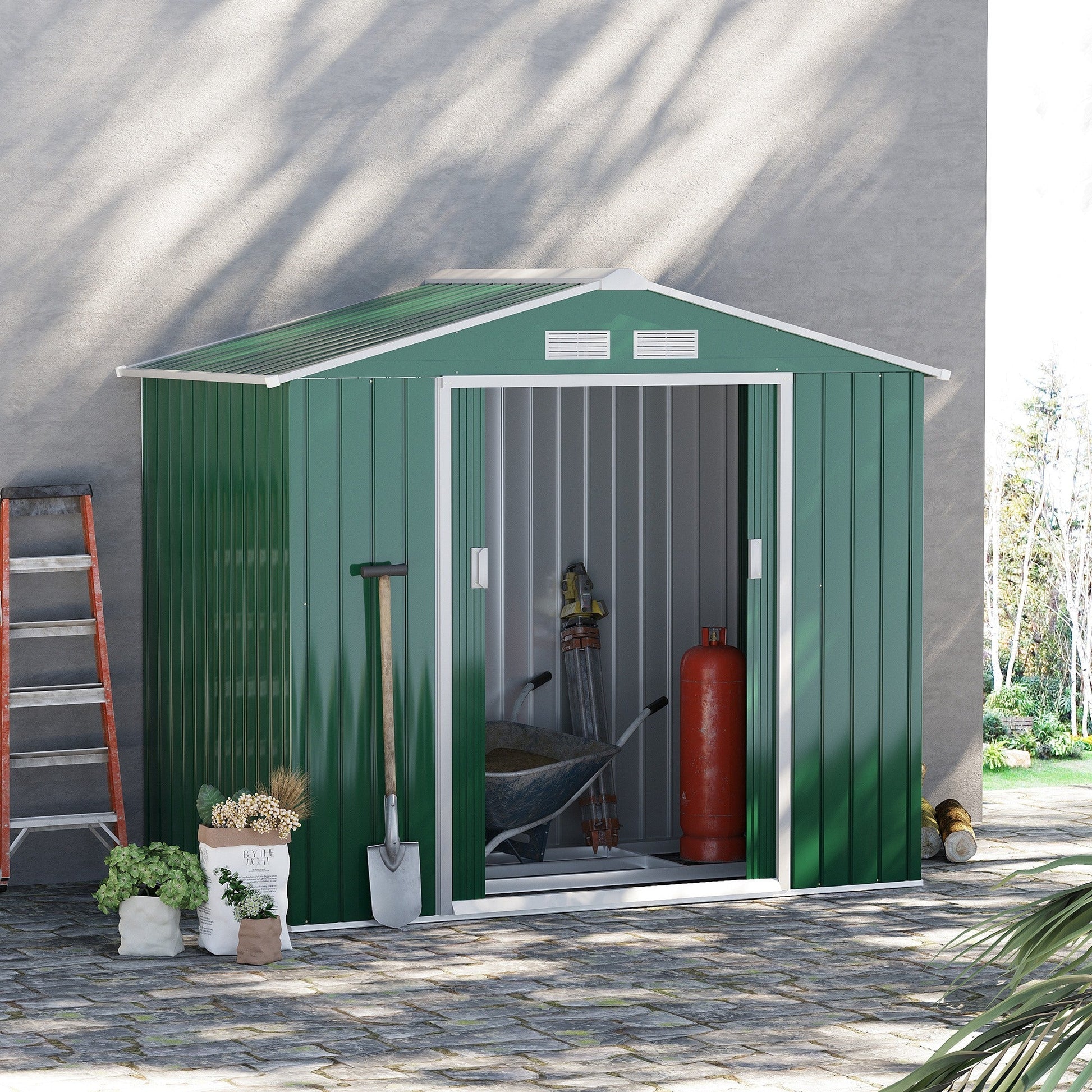 Outsunny Garden House Door Glash in Steel Sheet, Steel Garden Shed with Sliding Doors, 213x130x185cm, Green - Borgè