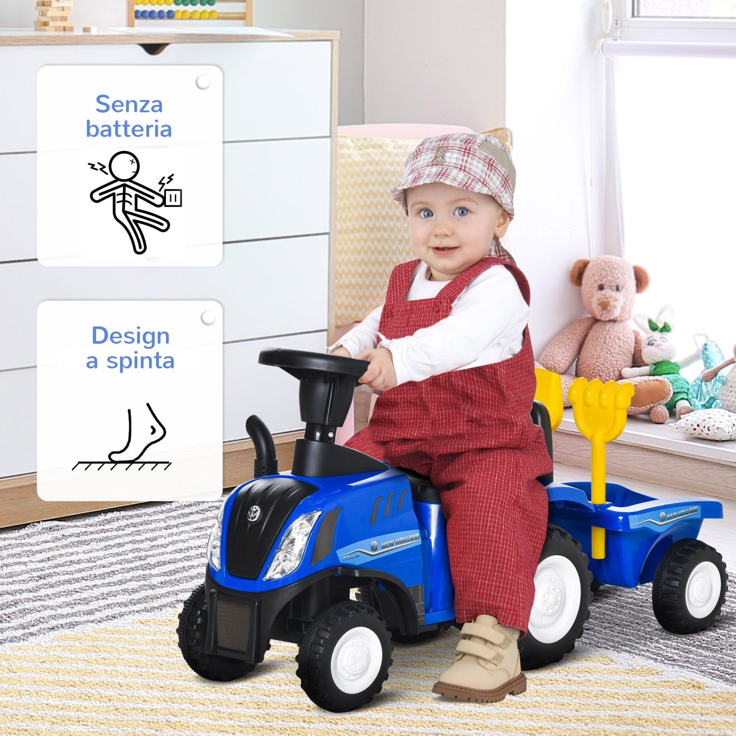 tractor for children rideable with trailer, rake and blade 12-36 months - blue - Borgè