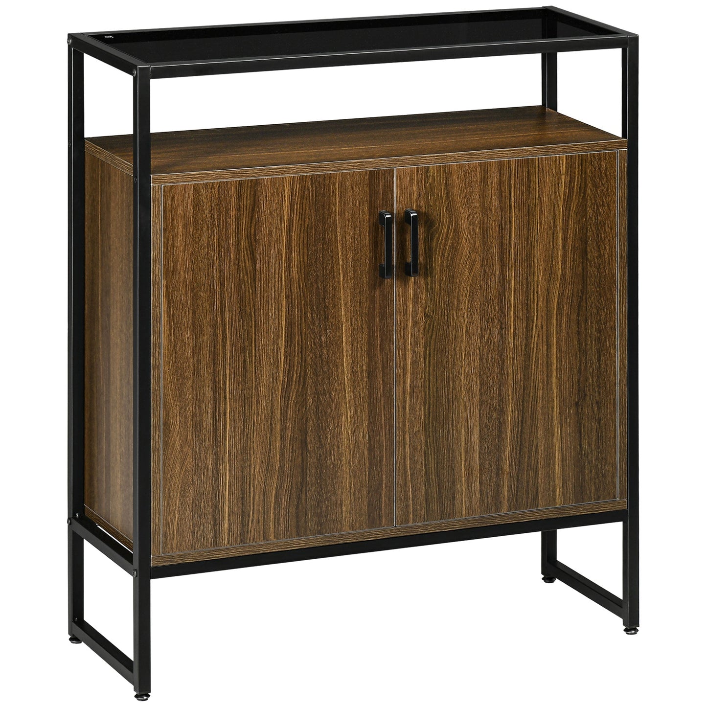 cabinet two doors in mdf with tempered glass support top, 82x30x98 cm, brown and black - Borgè