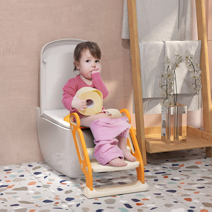 Toilet Child Seat with folding ladder, side handles and removable pillow, orange - Borgè