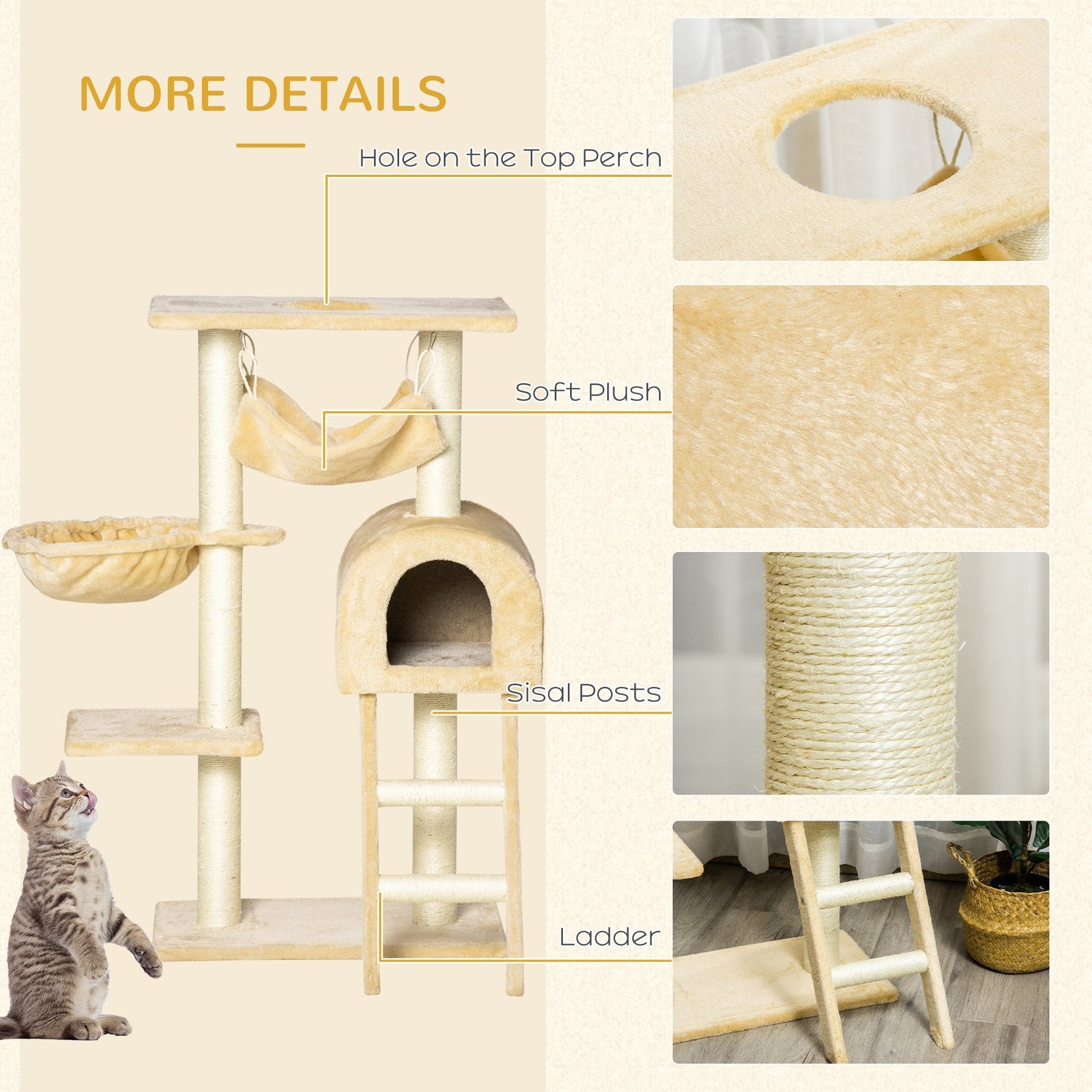 Cat Tree for cats with Scratch Pole , Natural Sisal strings, 55 × 30 × 100cm - Borgè