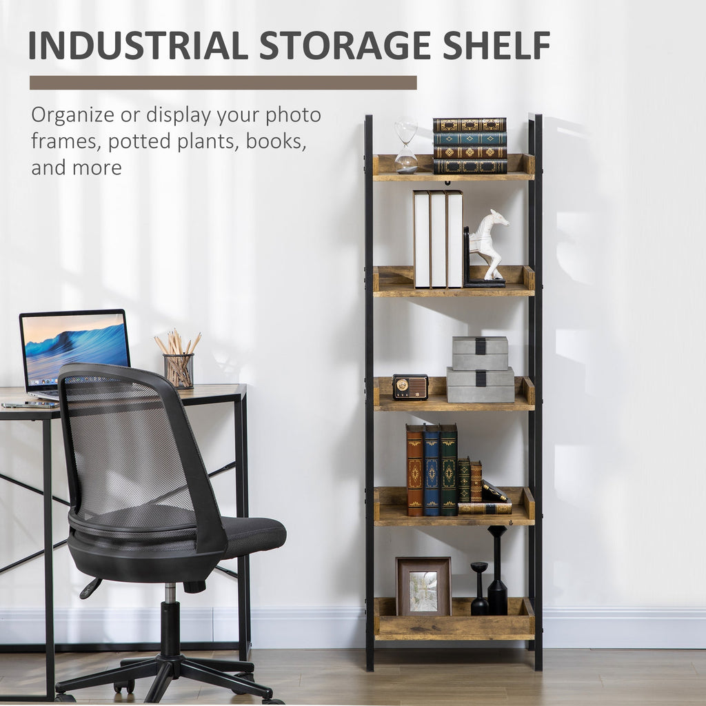 Homond industrial style bookcase with 5 wooden and metal shelves, 48x30x155cm, rustic brown - Borgè