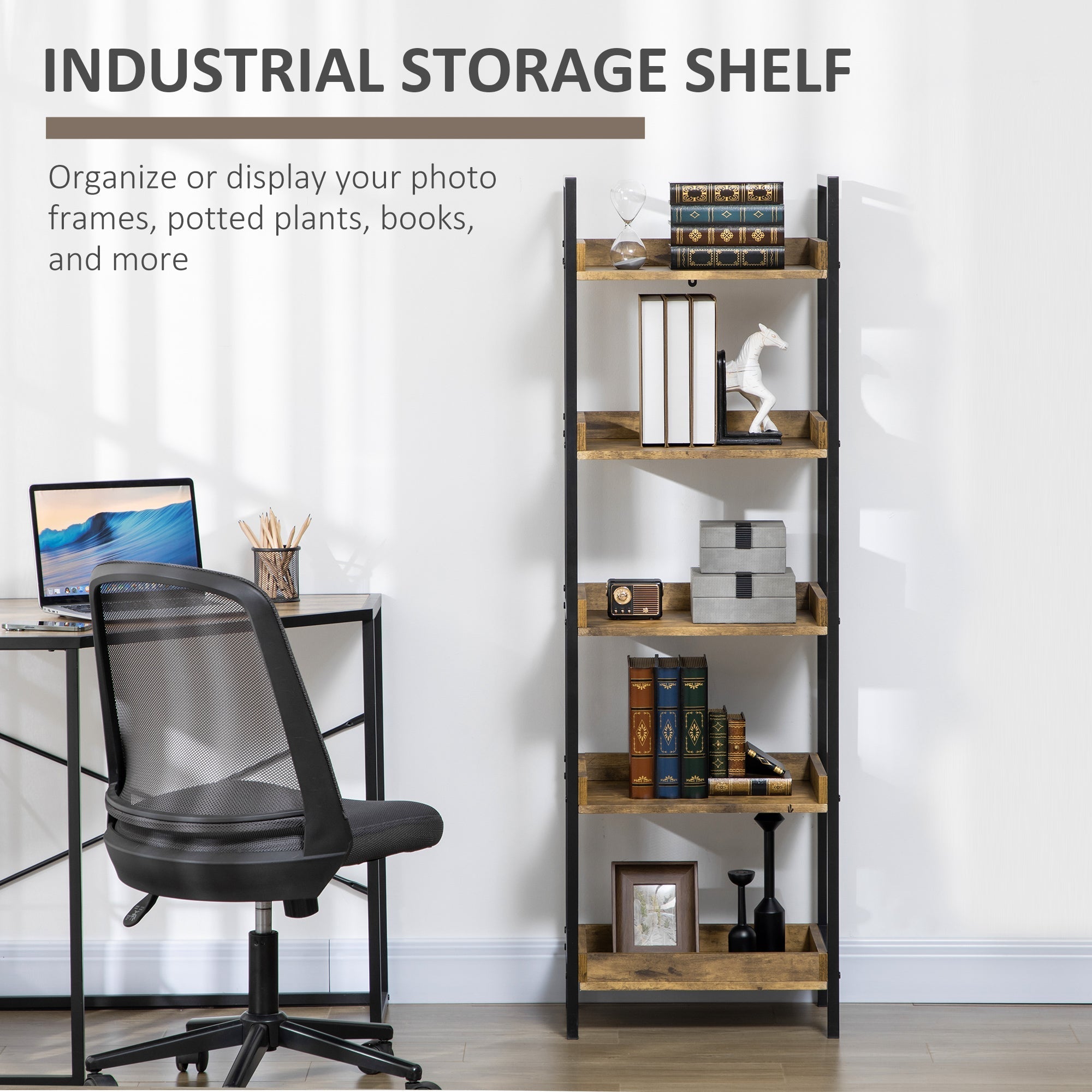 Homond industrial style bookcase with 5 wooden and metal shelves, 48x30x155cm, rustic brown - Borgè