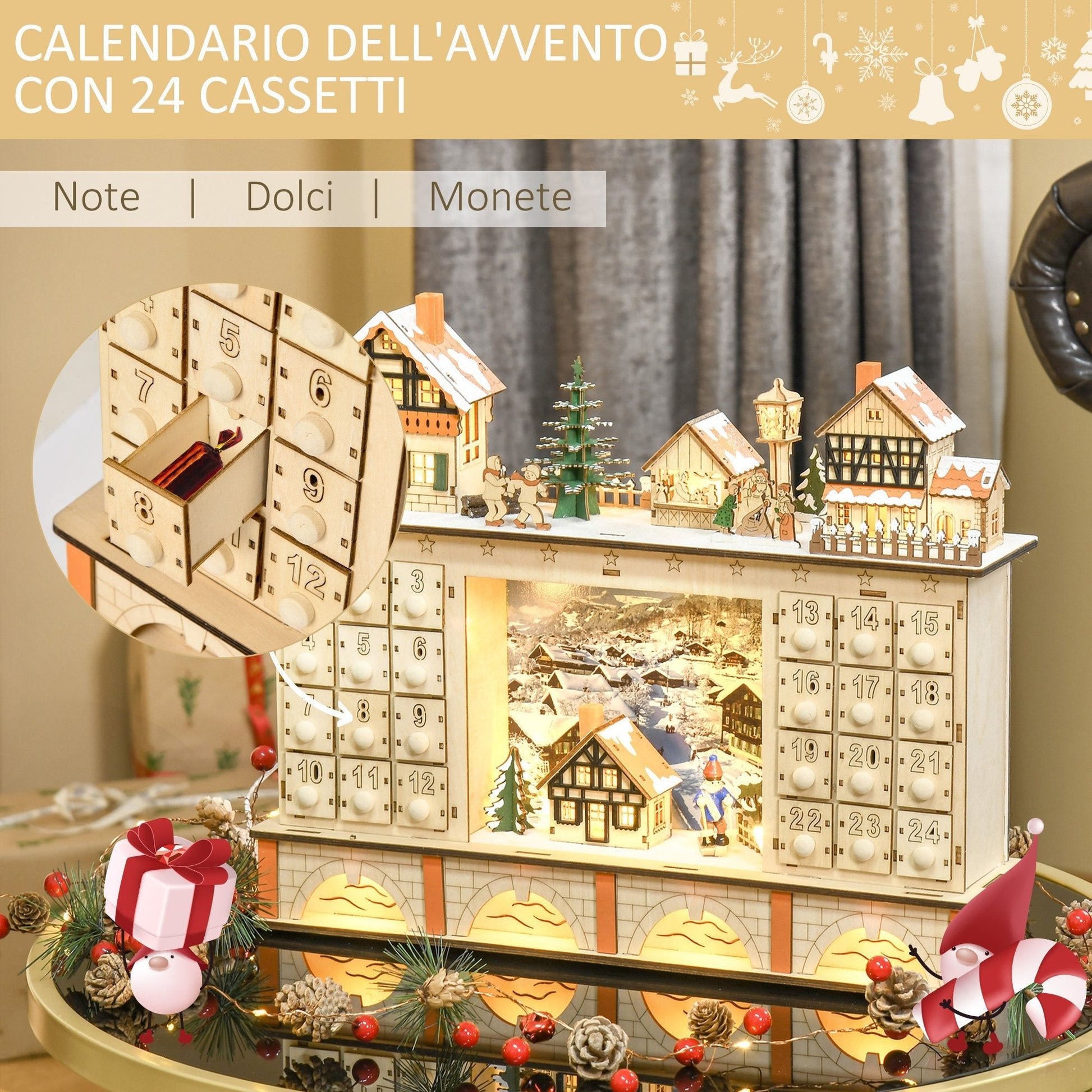 Wooden Advent calendar with 24 drawers decoration with Christmas village and lights, 44x10x37cm - wood - Borgè