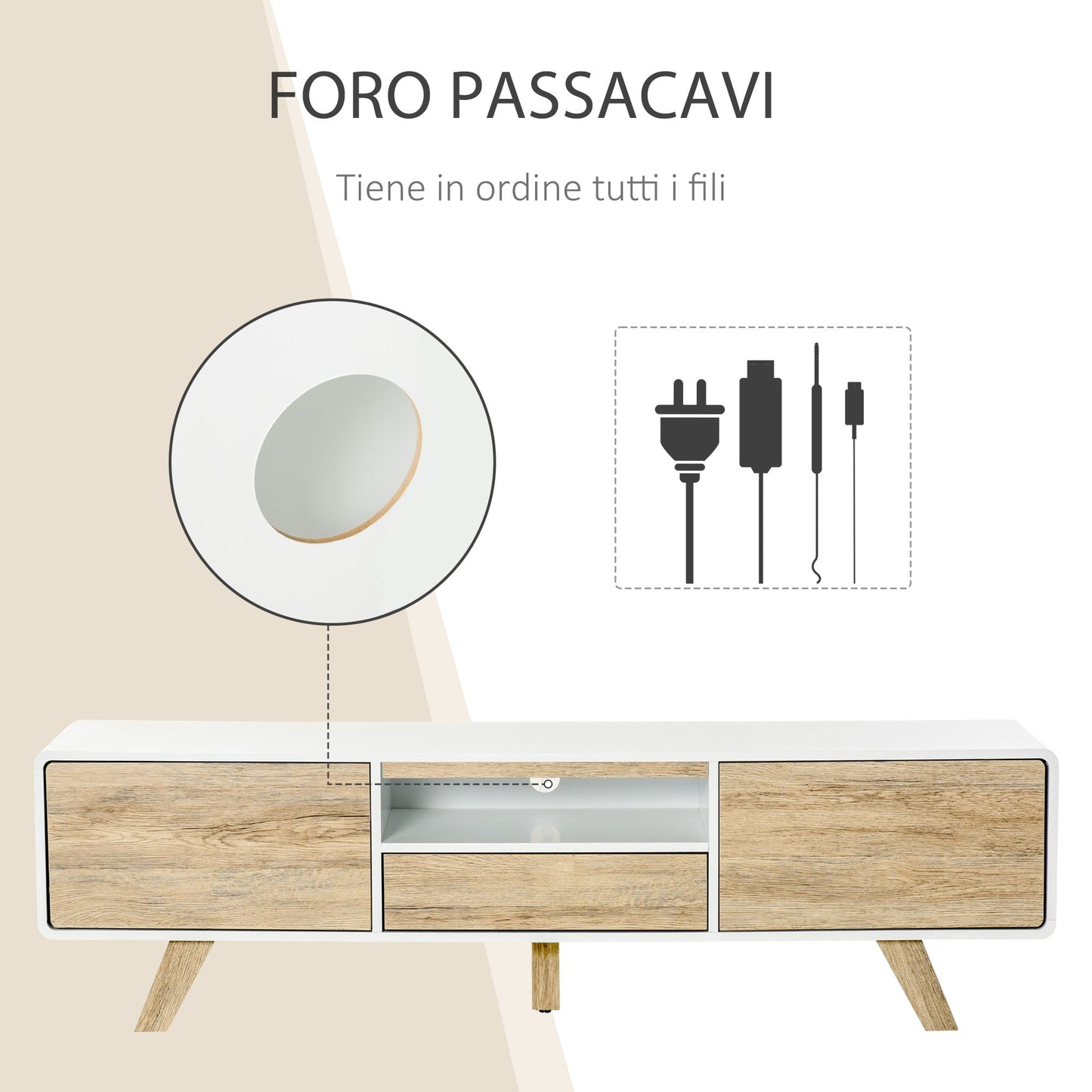 Mobile TV holder with doors and drawer for TV up to 60 '' in white MDF and wood 160x40x45cm - Borgè