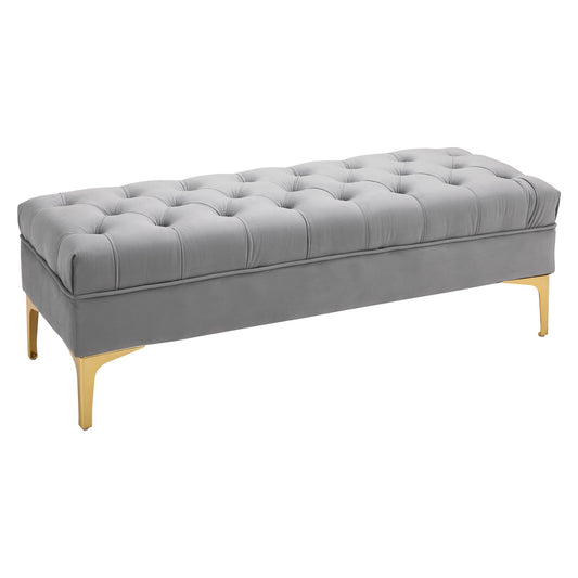 Packable Bench Fund in velvety fabric, Bedroom bench and entrance with quilt decoration, metal feet, Grey - Borgè