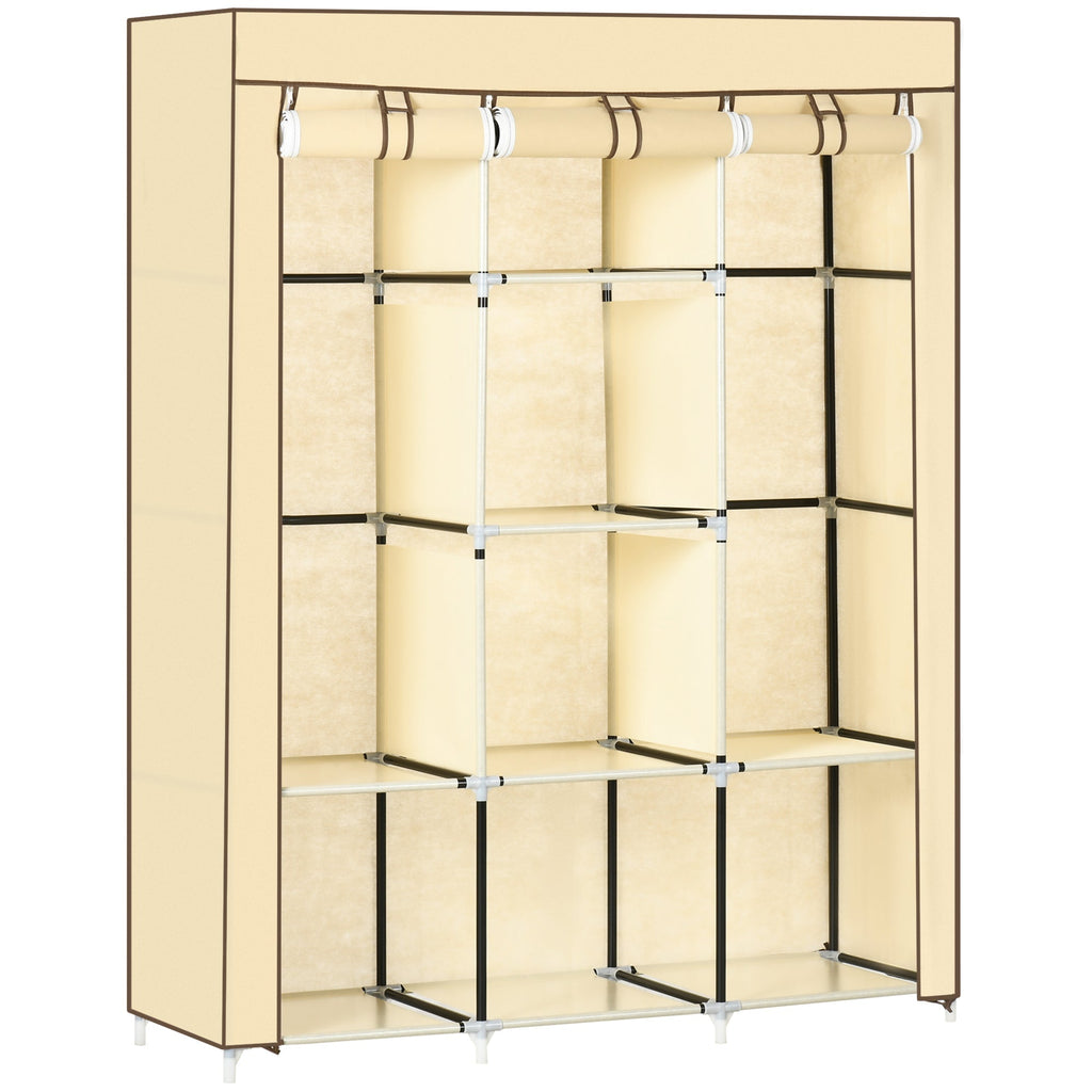 fabric wardrobe with 8 shelves and 2 bars, portable wardrobe with roller shit, 125x43x162.5cm, beige - Borgè