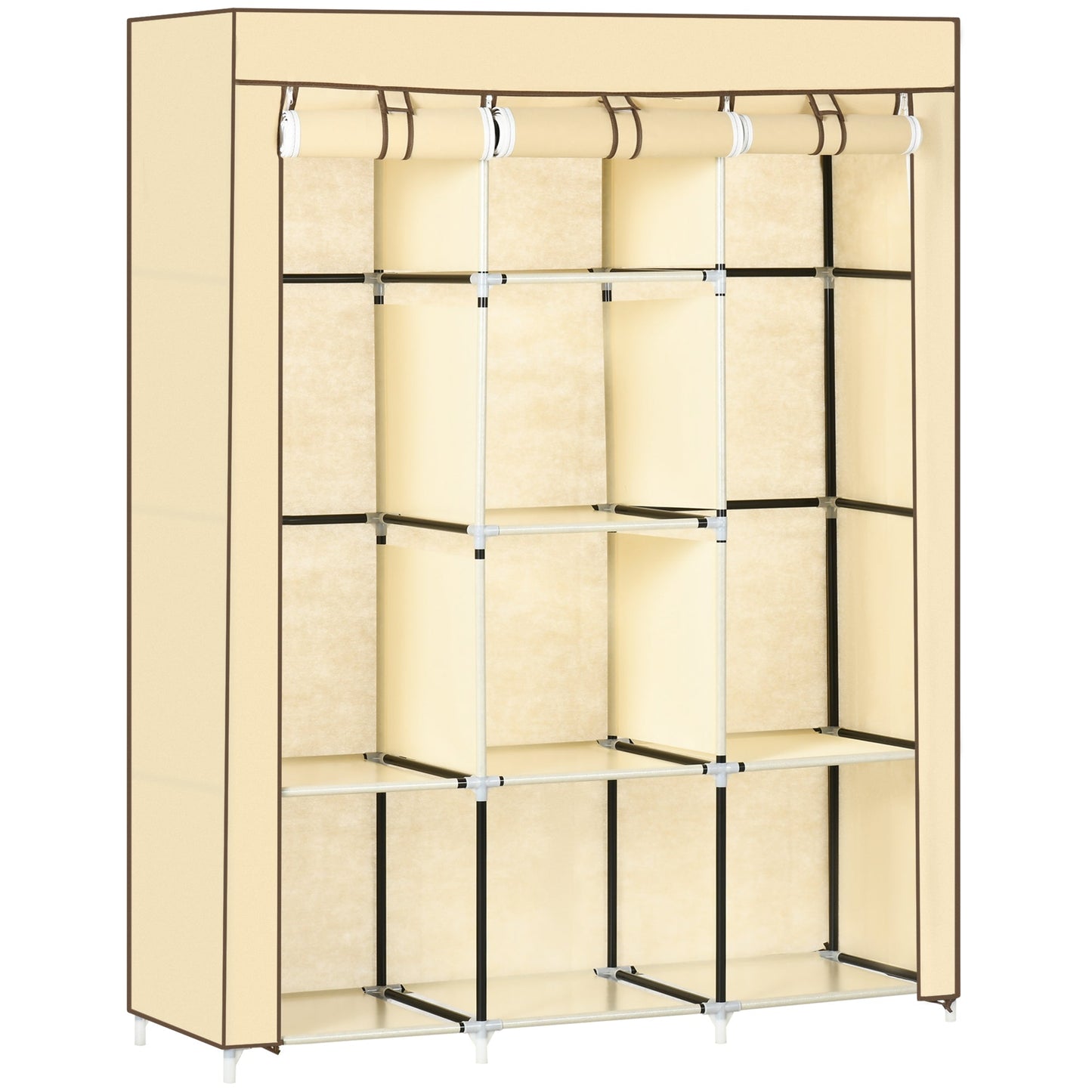 fabric wardrobe with 8 shelves and 2 bars, portable wardrobe with roller shit, 125x43x162.5cm, beige