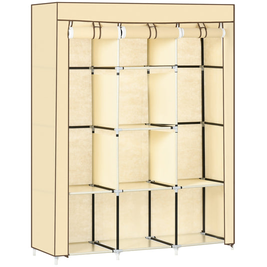 fabric wardrobe with 8 shelves and 2 bars, portable wardrobe with roller shit, 125x43x162.5cm, beige